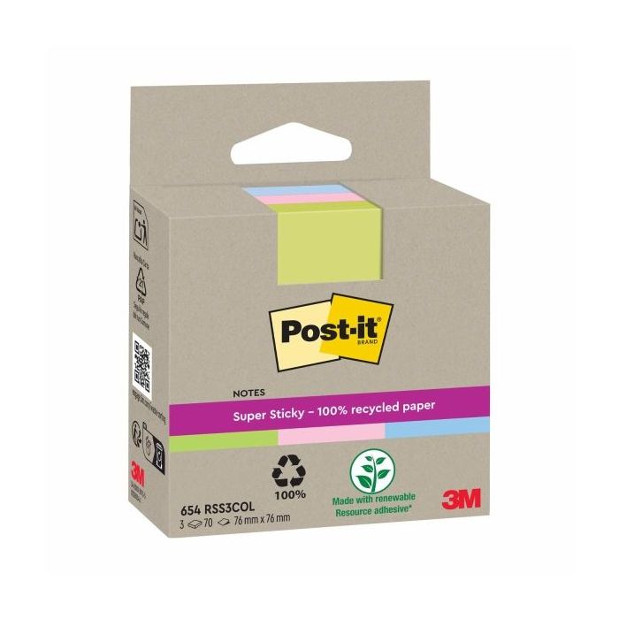 Post-It Super Sticky Pack de 3 Blocs de 70 Notas Adhesivas Recicladas - Forma Cuadrada - 76x76mm - Colores Surtidos