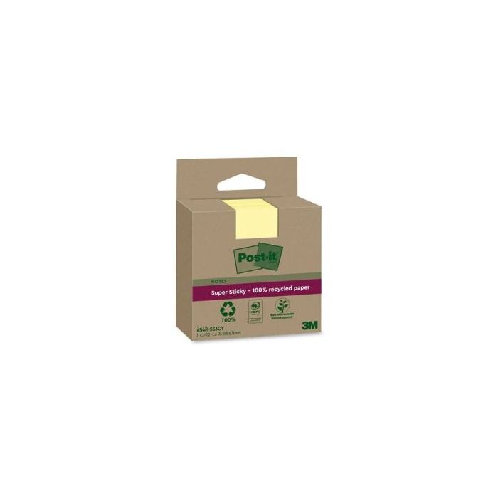 Post-It Super Sticky Pack de 3 Blocs de 70 Notas Adhesivas Recicladas - Forma Cuadrada - 76x76mm - Color Amarillo Claro