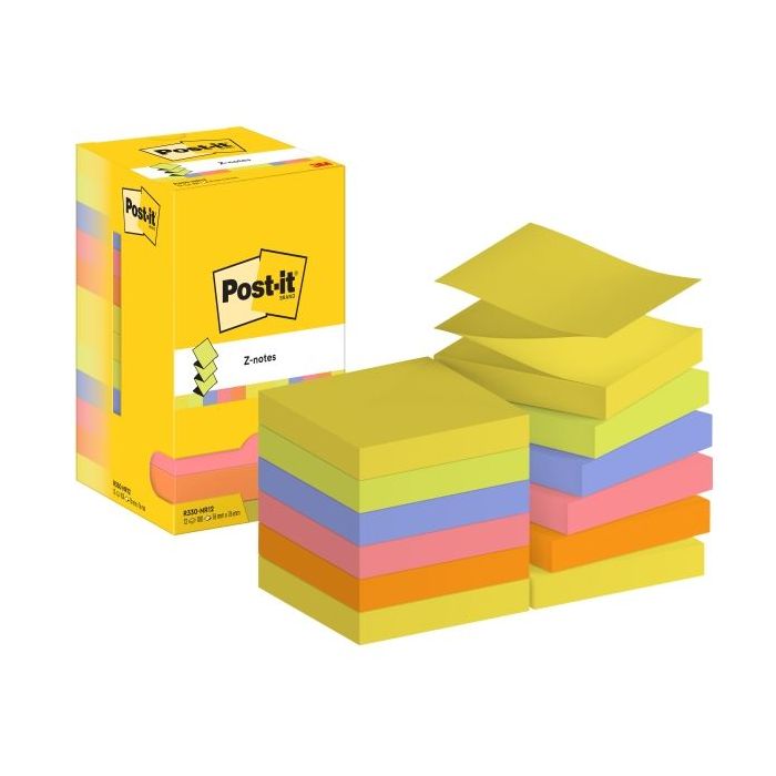 Post-It Pack de 12 Blocs de 100 Z-Notas Adhesivas Reposicionables - Forma Cuadrada - 76x76mm - Colores Surtidos