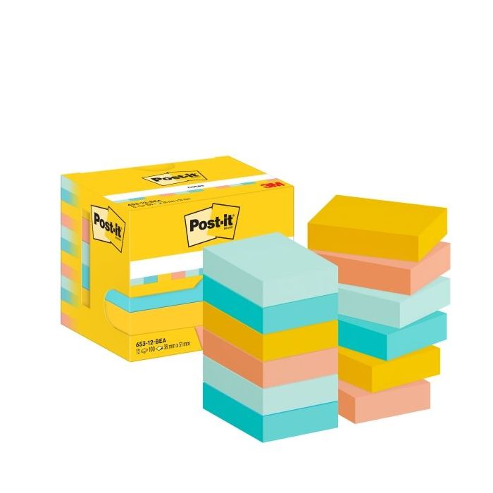 Post-It Pack de 12 Blocs de 100 Notas Adhesivas Reposicionables - Forma Rectangular - 38x51mm - Colores Surtidos