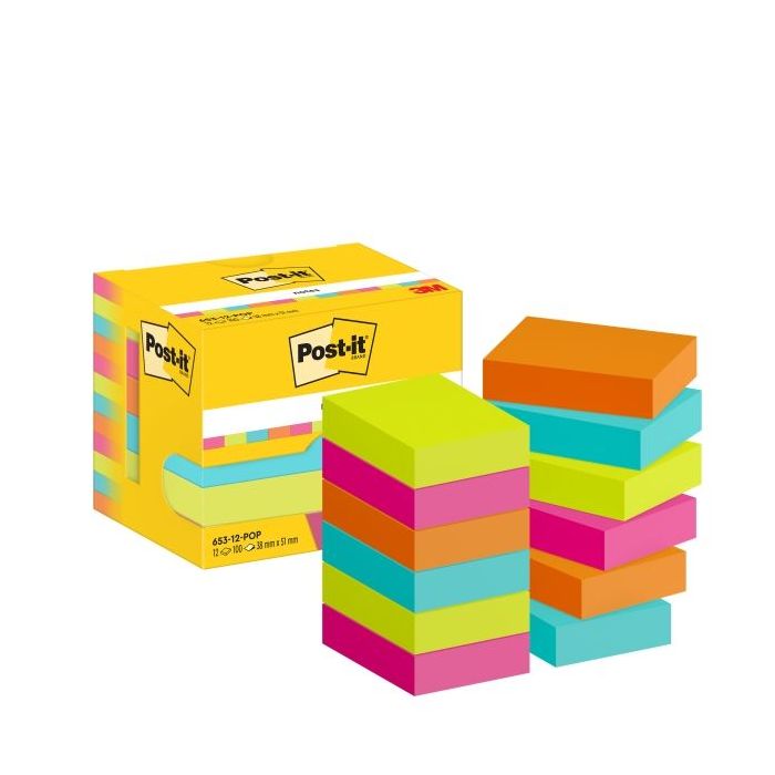 Post-It Pack de 12 Blocs de 100 Notas Adhesivas Reposicionables - Forma Rectangular - 38x51mm - Colores Surtidos