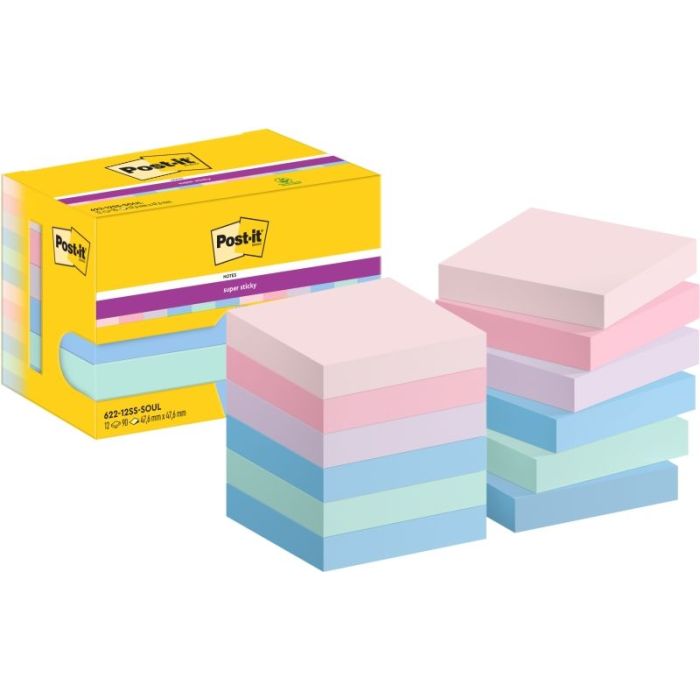 Post-It Super Sticky Pack de 12 Blocs de 90 Notas Adhesivas Reposicionables - Forma Cuadrada - 47.6x47.6mm - Colores Surtidos