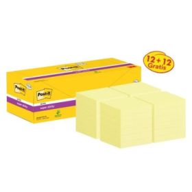 Post-It Super Sticky Pack de 24 Blocs de 90 Notas Adhesivas Reposicionables - 76x76mm - Promocion 12 Blocs + 12 Gratis - Color Amarillo Claro