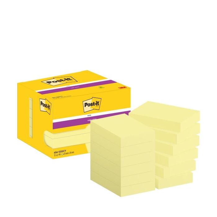 Post-It Super Sticky Pack de 12 Blocs de 90 Notas Adhesivas Reposicionables - 51x76mm - Paquete de Carton - 100% PEFC - Color Amarillo Claro