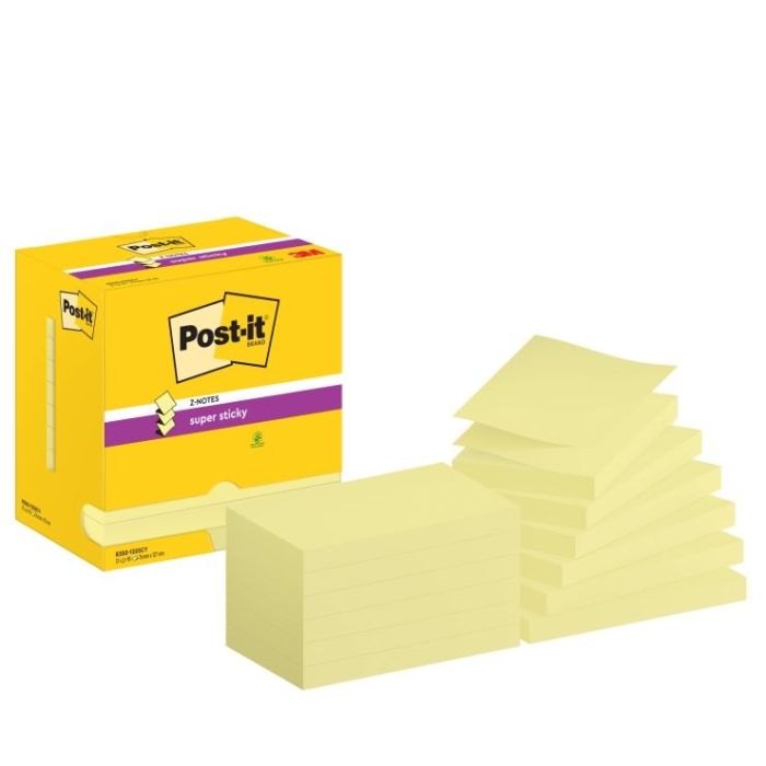 Post-It Super Sticky Pack de 12 Blocs de 90 Notas Adhesivas Reposicionables - Forma Rectangular - 76x127mm - en Zig-Zag - Color Amarillo Claro