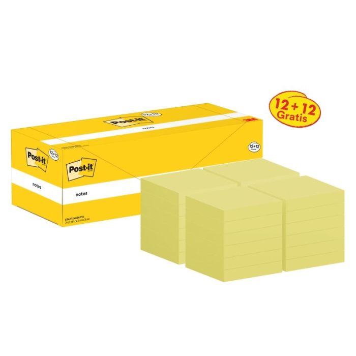 Post-It Pack de 24 Blocs de 100 Notas Adhesivas Reposicionables - Forma Cuadrada - 76x76mm - Color Amarillo Claro
