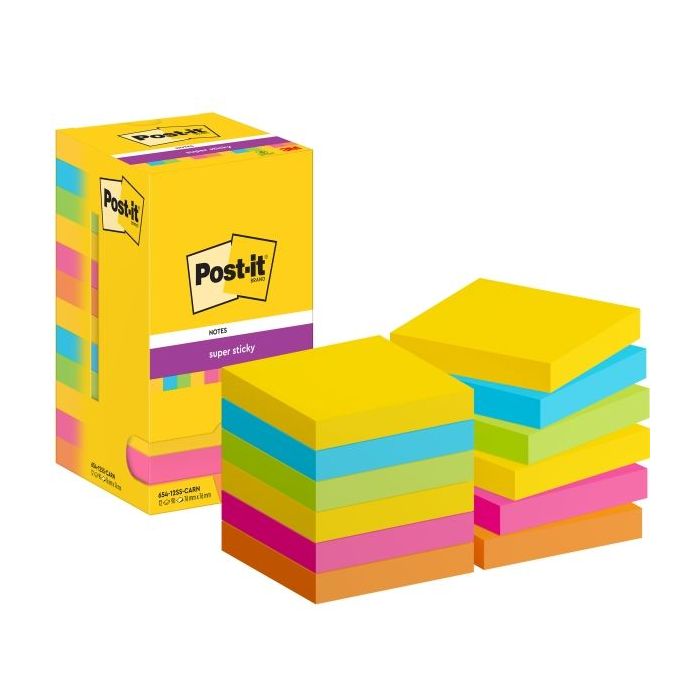 Post-It Super Sticky Pack de 12 Blocs de 90 Notas Adhesivas Reposicionables - Forma Cuadrada - 76x76mm - Colores Surtidos