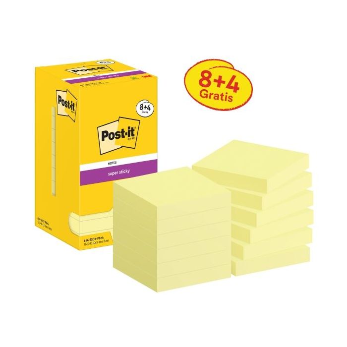 Post-It Super Sticky Pack de 12 Blocs de 90 Notas Adhesivas Reposicionables - 76x76mm - Promocion 8 Blocs + 4 Gratis - Color Amarillo Claro