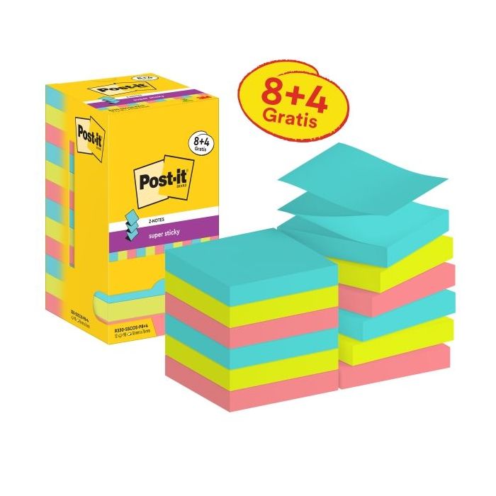 Post-It Super Sticky Pack de 12 Blocs de 90 Notas Adhesivas Reposicionables - Forma Cuadrada - 76x76mm - en Zig-Zag - Colores Surtidos