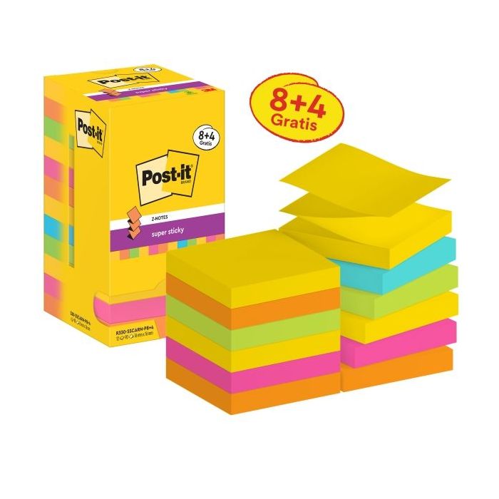 Post-It Super Sticky Pack de 12 Blocs de 90 Notas Adhesivas Reposicionables - Forma Cuadrada - 76x76mm - en Zig-Zag - Colores Surtidos