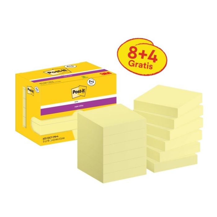 Post-It Super Sticky Pack de 12 Blocs de 90 Notas Adhesivas Reposicionables - 47.6x47.6mm - Promocion 8 Blocs + 4 Gratis - Color Amarillo Claro
