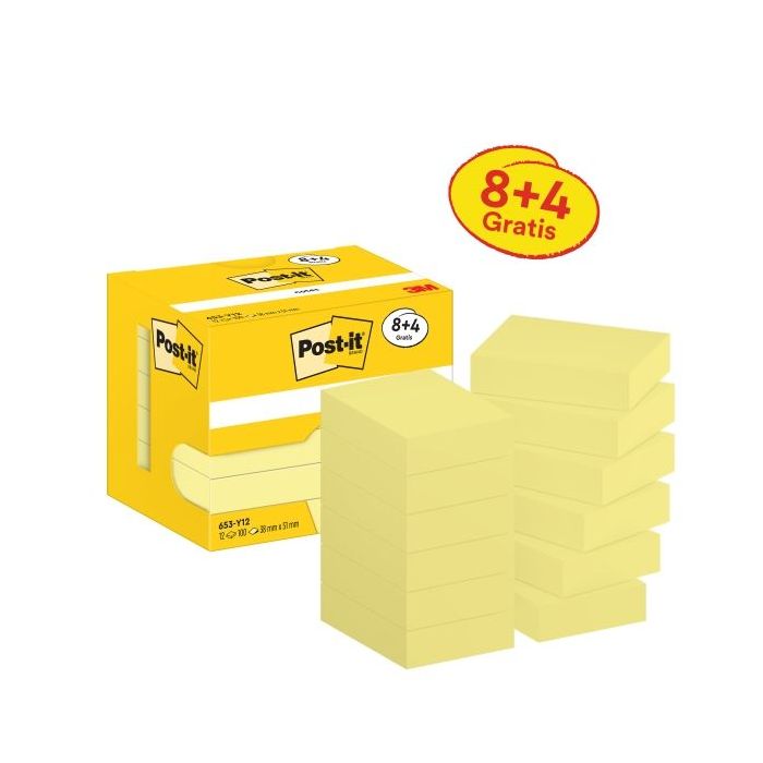 Post-It Pack de 12 Blocs de 100 Notas Adhesivas Reposicionables - Forma Rectangular - 38x51mm - Color Amarillo Claro