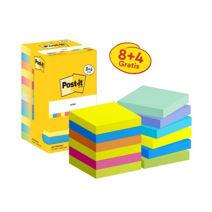Post-It Pack de 12 Blocs de 90 Notas Adhesivas Reposicionables - Forma Cuadrada - 76x76mm - Colores Surtidos
