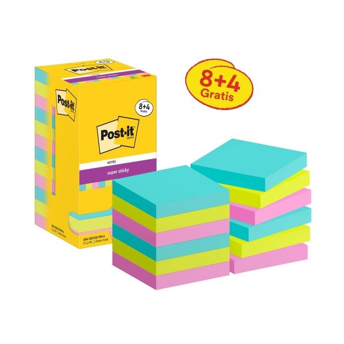 Post-It Super Sticky Pack de 12 Blocs de 90 Notas Adhesivas Reposicionables - Forma Cuadrada - 76x76mm - Colores Surtidos