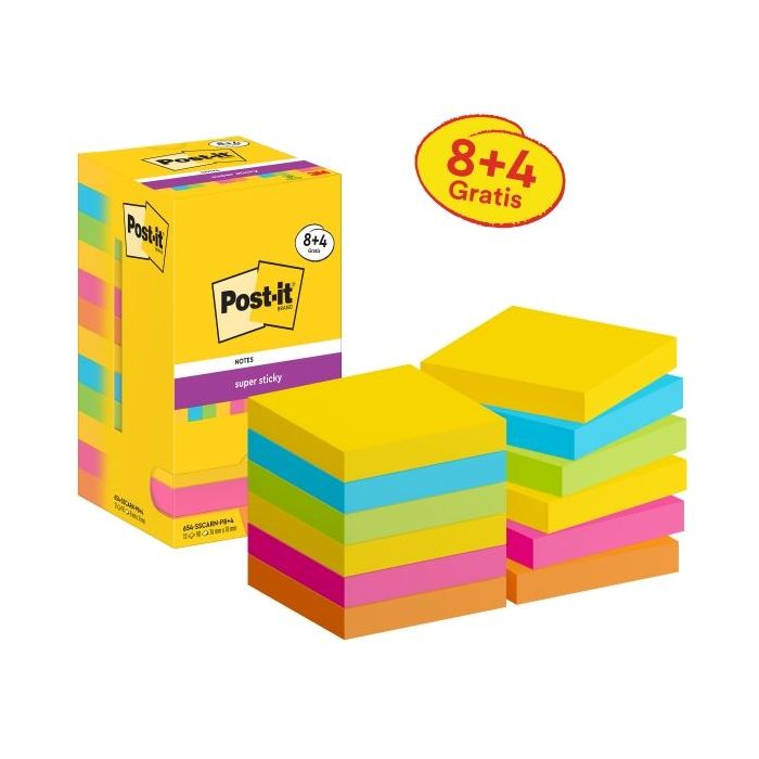 Post-It Super Sticky Pack de 12 Blocs de 90 Notas Adhesivas Reposicionables - Forma Cuadrada - 76x76mm - Colores Surtidos