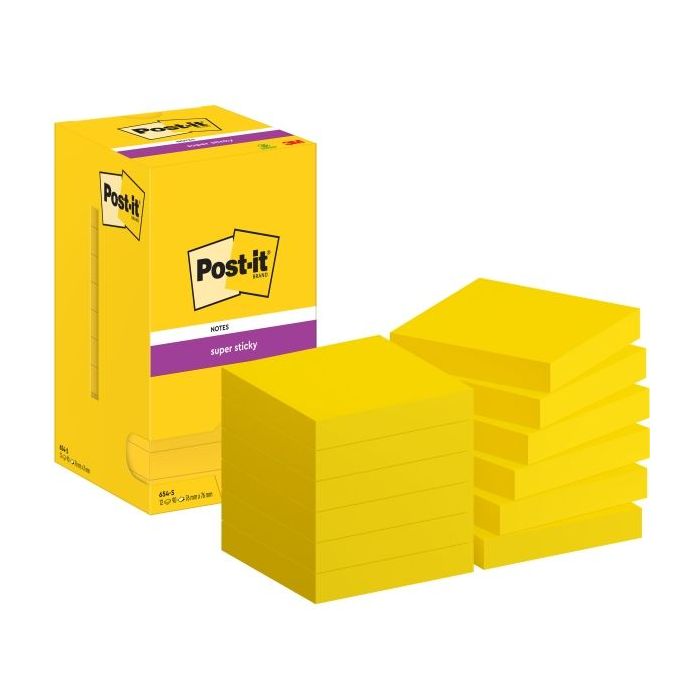 Post-It Super Sticky Pack de 12 Blocs de 90 Notas Adhesivas Reposicionables - Forma Cuadrada - 76x76mm - Color Amarillo
