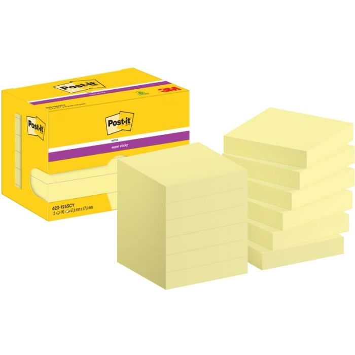 Post-It Super Sticky Pack de 12 Blocs de 90 Pack de 12 Blocs de 90 Notas Adhesivas Reposicionables - 47.6x47.6mm - Color Amarillo Claro
