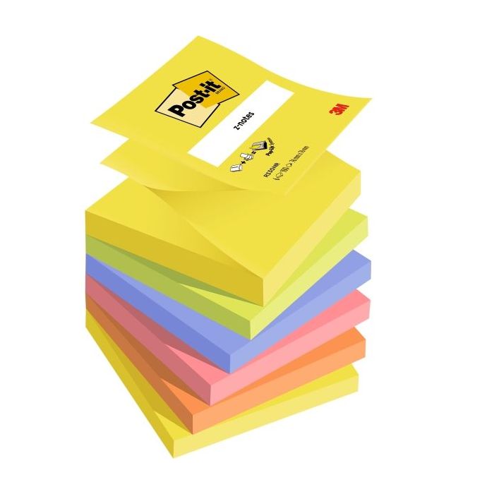 Post-It Pack de 6 Blocs de 100 Z-Notas Adhesivas Reposicionables - Forma Cuadrada - 76x76mm - Colores Surtidos