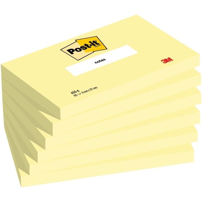 Post-It Pack de 6 Blocs de 100 Notas Adhesivas Reposicionables - Forma Rectangular - 76x127mm - Color Amarillo Claro