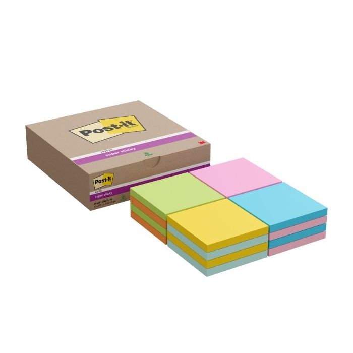 Post-It Super Sticky Pack de 16 Blocs de 90 Notas Adhesivas Reposicionables - 76x76mm - Colores Surtidos