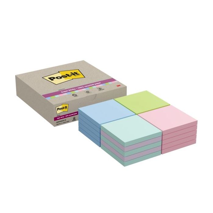 Post-It Super Sticky Pack de 20 Blocs de 70 Notas Adhesivas Recicladas - Forma Cuadrada - 76x76mm - Colores Surtidos