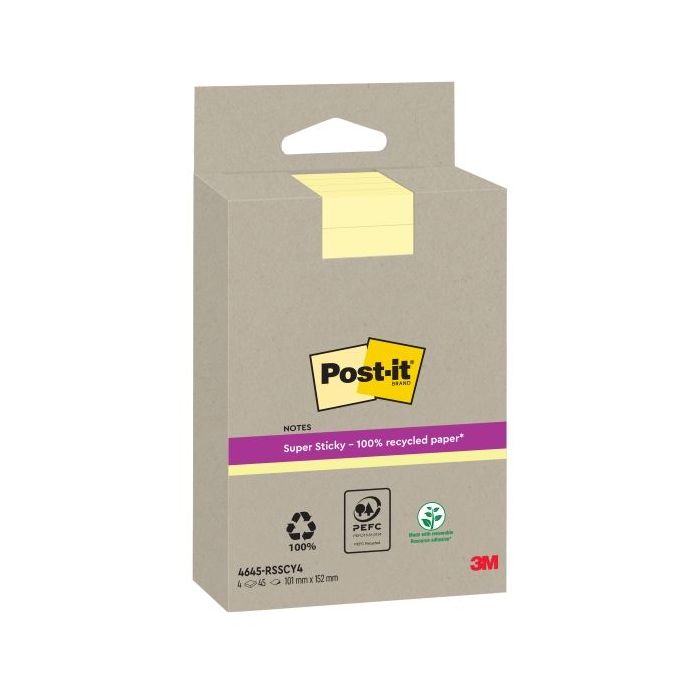 Post-It Super Sticky Pack de 4 Blocs de 45 Notas Adhesivas Recicladas - Forma Rectangular - 102x152mm - Color Amarillo Claro