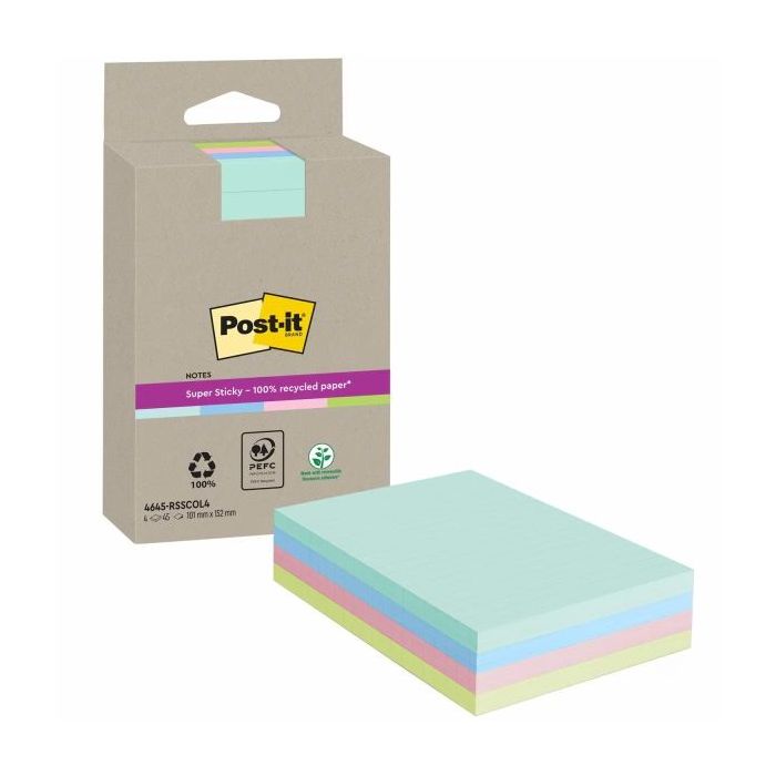 Post-It Super Sticky Super Sticky Pack de 4 Blocs de 45 Notas Adhesivas Recicladas - Forma Rectangular - 102x152mm - Colores Surtidos
