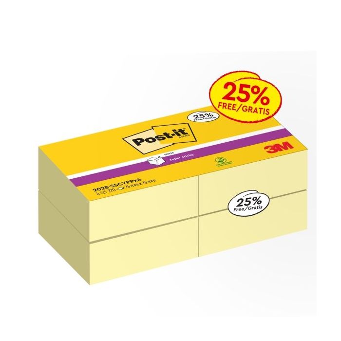 Post-It Super Sticky Pack de 4 Cubos de 270 Notas Adhesivas Reposicionables - Forma Cuadrada - Color Amarillo Claro
