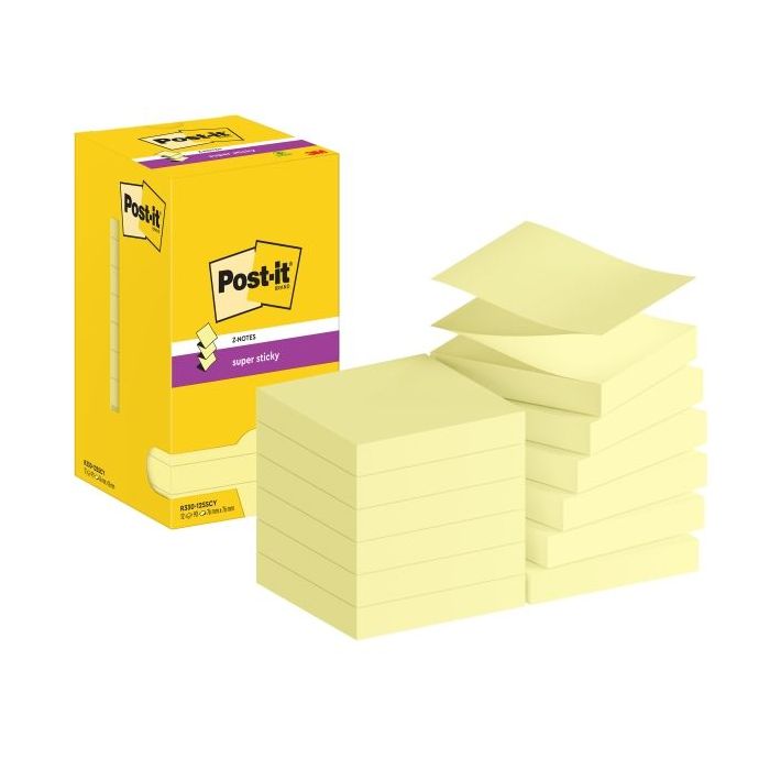 Post-It Super Sticky Pack de 12 Blocs de 90 Notas Adhesivas Reposicionables Zig-Zag 76x76mm - Forma Cuadrada - Color Amarillo Claro
