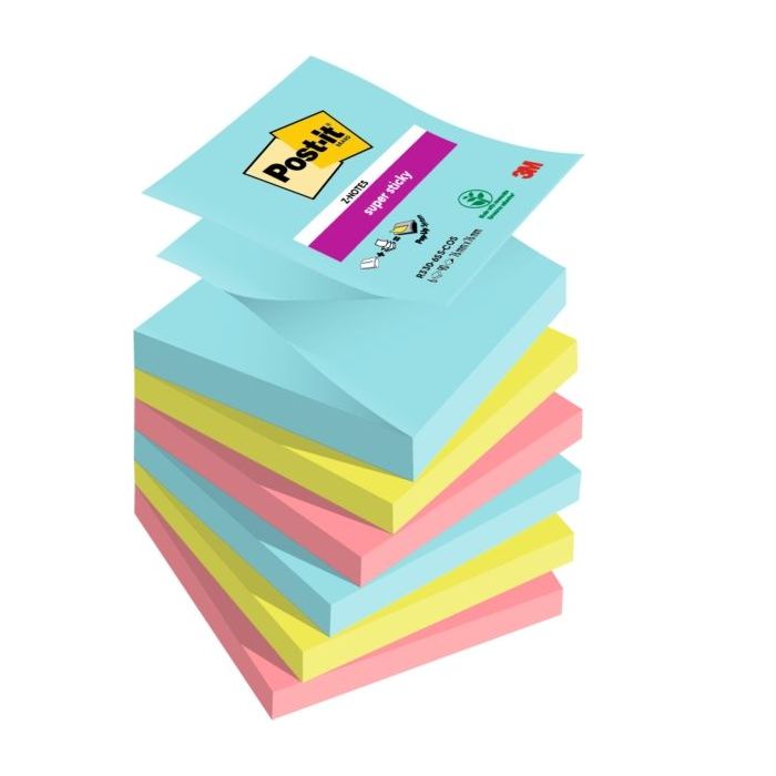 Post-It Super Sticky Pack de 6 Blocs de 90 Notas Adhesivas Reposicionables - Forma Cuadrada - 76x76mm - en Zig-Zag - Colores Surtidos