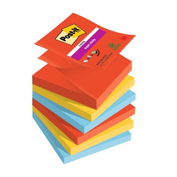 Post-It Super Sticky Pack de 6 Blocs de 90 Notas Adhesivas Reposicionables - Forma Cuadrada - 76x76mm - en Zig-Zag - Colores Surtidos