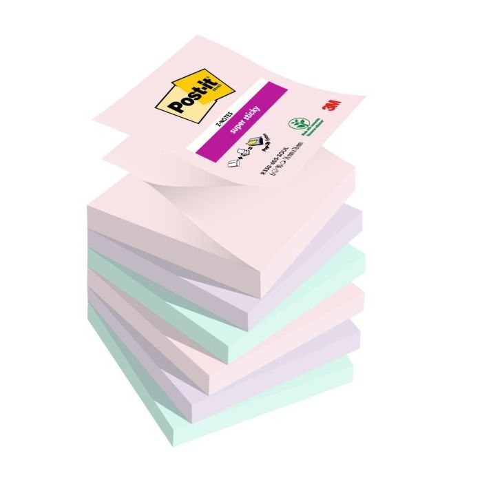 Post-It Super Sticky Pack de 6 Blocs de 90 Notas Adhesivas Reposicionables - Forma Cuadrada - 76x76mm - en Zig-Zag - Colores Surtidos