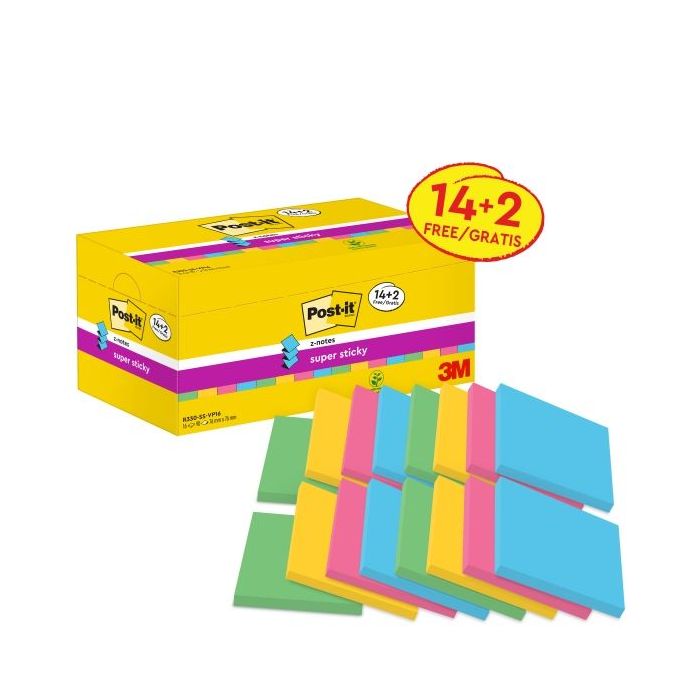 Post-It Super Sticky Pack de 16 Blocs de 90 Notas Adhesivas Reposicionables - Forma Cuadrada - 76x76mm - en Zig-Zag - Colores Surtidos