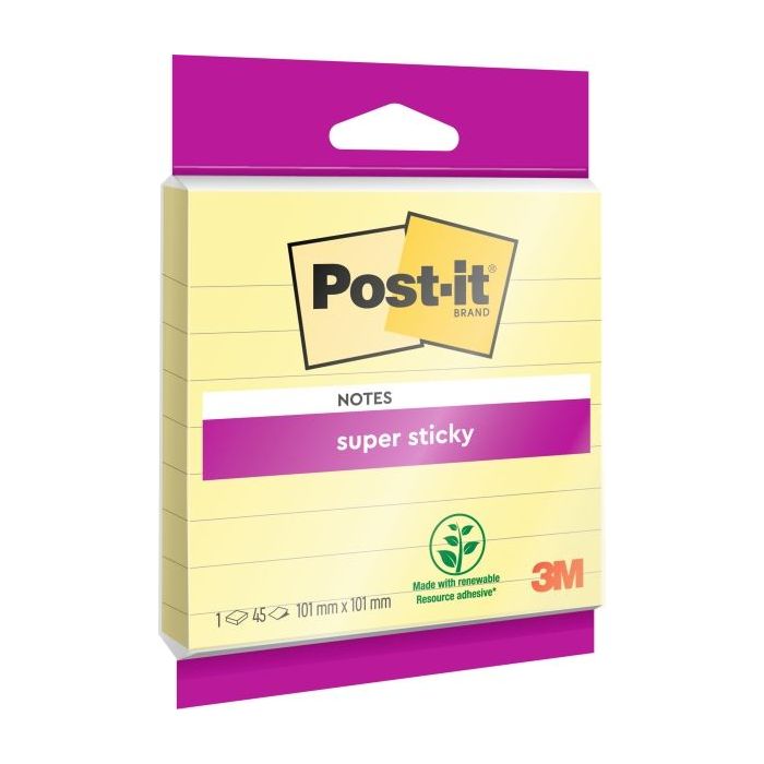 Post-It Super Sticky Bloc de 45 Notas Adhesivas Reposicionables con Renglones - Forma Cuadrada - 101x101mm - Color Amarillo Claro