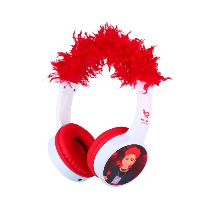Redlox by Chuster Tuber Auriculares Bluetooth 5.3 con Pelo - Altavoz 30mm - Bateria 200mAh - Autonomia hasta 24h - Alcance 10m - 32Ohm - Sensibilidad 82dB - Color Blanco y Rojo