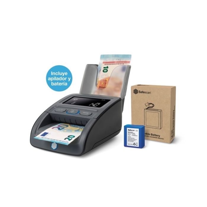 Safescan 155-S Pack de Detector Automatico de Billetes Falsos - Bateria y Apilador Incluidos - Verifica, Cuenta y Apila