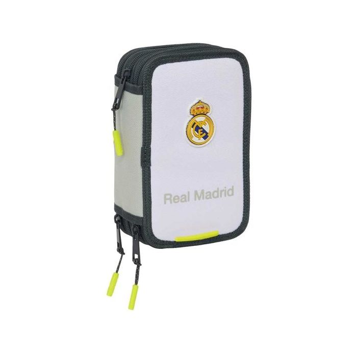Safta Real Madrid Plumier de 1.3L con 37 Piezas - 3 Compartimentos - Cierre de Cremallera - 12.5x19.5x5.5cm - Color Blanco y Negro