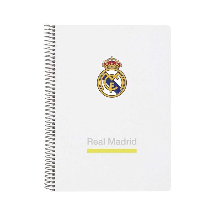 Safta Real Madrid Cuaderno Espiral - Tapas Duras - 80 Hojas A4 con Cuadriculada 4X4mm - Formato Cuarto - 15.5x22x1cm - Color Blanco y Negro