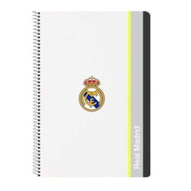 Safta Real Madrid Cuaderno Espiral - Tapas Duras - 80 Hojas A4 con Cuadriculada 4X4mm - Formato Folio - 21.5x31x1cm - Color Blanco y Negro