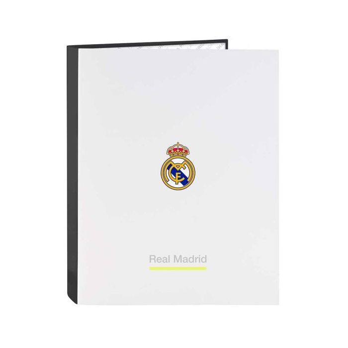 Safta Real Madrid Carpeta de 4 Anillas - Tapas Duras Forradas - Lomo de 40mm - Formato Folio - 26.5x33x4cm - Color Blanco y Negro