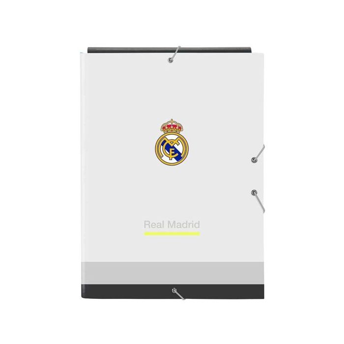 Safta Real Madrid Carpeta 3 Solapas - Tapas Duras Forradas - Cierre con Gomas Elasticas - Formato Folio - 26x33.5x2.5cm - Color Blanco y Negro