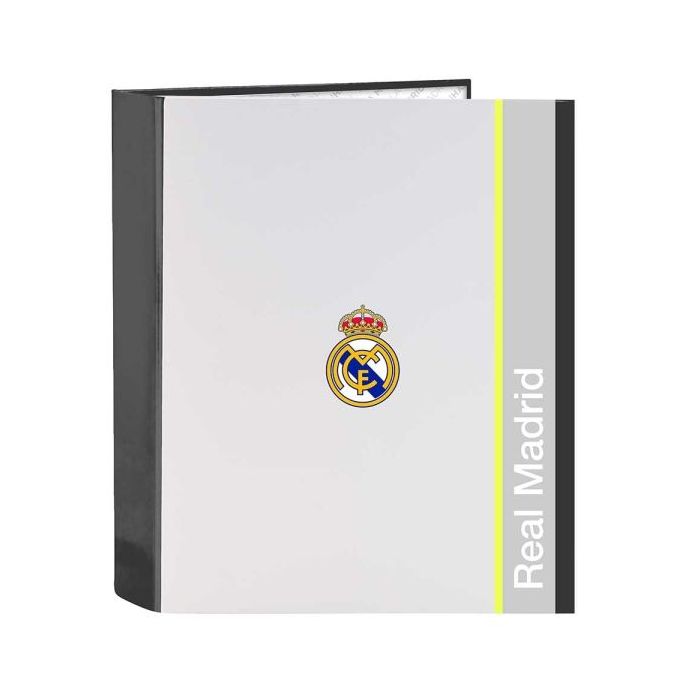 Safta Real Madrid Carpeta de 4 Anillas - Tapas Duras Forradas - Lomo de 60mm - Formato Folio - 27x33x6cm - Color Blanco y Negro