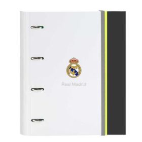 Safta Real Madrid Carpeta de 4 Anillas - Tapas Duras Forradas - Lomo de 35mm - Incluye 100 Hojas A4 con Cuadriculada 5X5mm - 27x32x3.5cm - Color Blanco