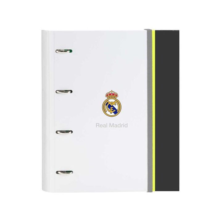 Safta Real Madrid Carpeta de 4 Anillas - Tapas Duras Forradas - Lomo de 35mm - Incluye 100 Hojas A4 con Cuadriculada 5X5mm - 27x32x3.5cm - Color Blanco