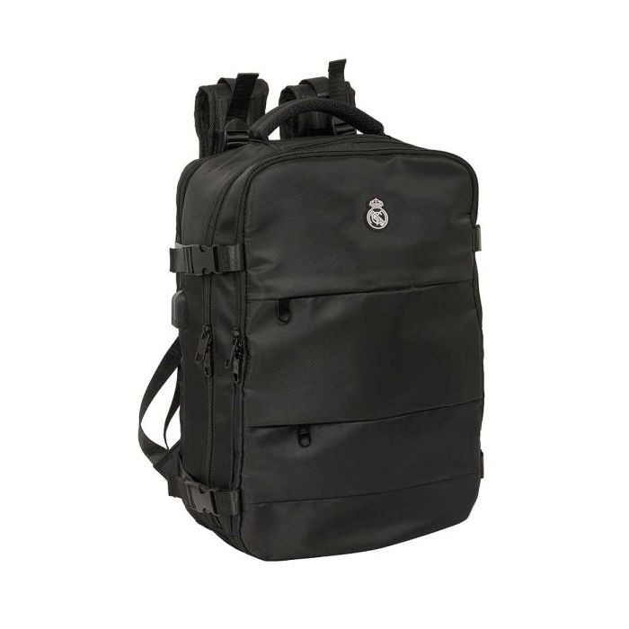 Safta Real Madrid Mochila de Viaje Cabina de 23.1L - Espacio para Portatil hasta 15.6" - USB Integrado - Zapatero con Cremallera - 29x44x19cm - Color Negro