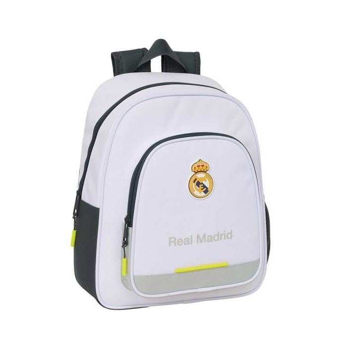 Safta Real Madrid Mochila Infantil de 10L - Adaptable a Carro - 2 Compartimentos - Portabotellas - 28x34x10cm - Color Blanco y Negro