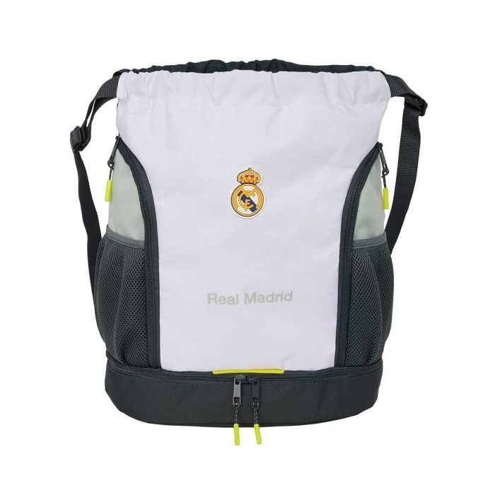Safta Real Madrid Saco Mochila de 21.93L - Portabotellas - Hombreras Ajustables - Bolsillos con Cremallera - 35x40x1cm - Color Blanco y Negro