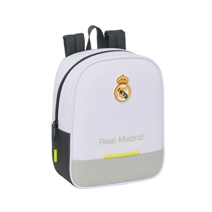Safta Real Madrid Mochila Guarderia de 6L - Adaptable a Carro - Tarjeta de Identificacion Personal - Cierre de Cremallera - 22x27x10cm - Color Blanco y Negro