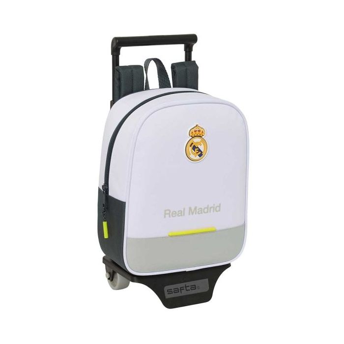 Safta Real Madrid Mochila de 6L con Carro 805 Integrado - Extraible para Lavado - Tarjeta de Identificacion Personal - Carro de PP y PVC Resistentes - 22x27x10cm - Color Blanco y Negro