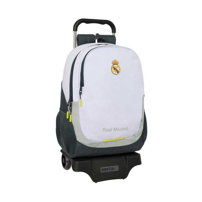 Safta Real Madrid Mochila de 22.5L con Carro 905 Integrado - Portabotellas - Extraible para Limpieza - Carro de PP, Acero y PVC - 32x44x16cm - Color Blanco y Negro